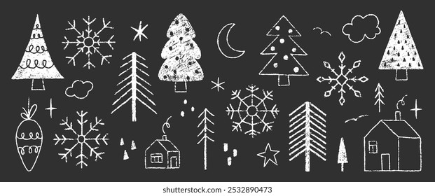 Set of elements for Christmas illustration with crayon, chalk or pastel texture. Kids vector illustration on a black background.