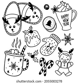 A set of elements of Christmas mugs with cocoa and sweets, slippers and mittens with deer