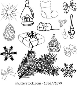 set of elements for Christmas and new year in black vector on white background.