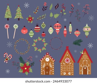 Set of elements for Christmas and New Year. Gingerbread houses and Christmas balls. Ornamental plants - holly and poiscentia. Decorative wreaths made from plants. Vector.