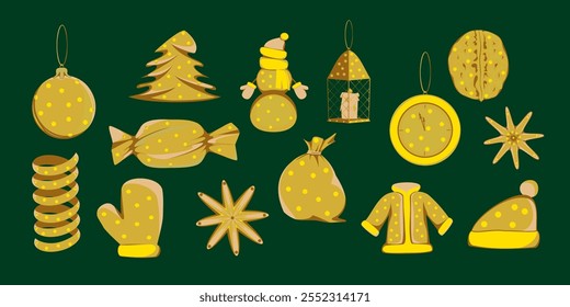 Set with elements of Christmas, New Year, winter tinsel in gold tones on a green background