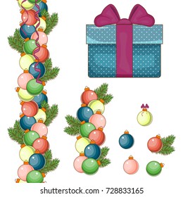 Set of elements for Christmas and new year. Big blue gift box. Christmas balls of different colors. Isolated white background. Stock vector.