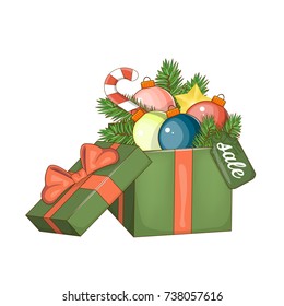 Set of elements for Christmas and New year for sales. Open gift box with bow, Christmas ball and Christmas tree isolated on white. Vector illustration. The Christmas sale.