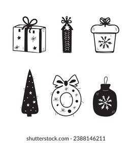 Set von Elementen, Weihnachtsbäume, Neujahrsspielzeug, Geschenke, dekorativer Weihnachtsbaumkranz, Schwarz-Weiß, Doodle-Stil, Handzeichnung. Vektorgrafik EPS10