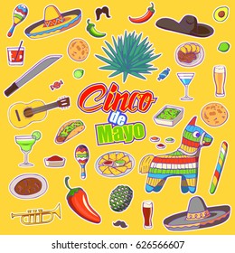 Set of elements for Cinco de Mayo: food, sambrero, tequila, cactus, pinata, pepper, cocktails.