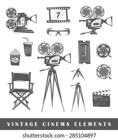 Set of elements of the cinema. Elements of cinema isolated on white. Symbols for cinema design, vector. Silhouettes for logo of the cinema. Elements for logos. Cinema icons. Vector illustration