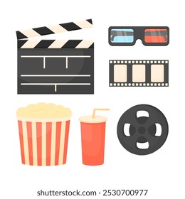 Set of elements for cinematography in cartoon style on a white isolated background. Movie clapperboard, 3D glasses, popcorn and soda. Classic movie elements. Movie watching time