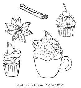 Conjunto de elementos de canela, anís, una Taza de crema de mantequilla con bayas y pasteles de cerezo. Ilustración dibujada a mano. Ilustración en blanco y negro sobre fondo blanco.