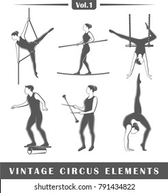 Set of elements of the circus isolated on white background. Symbols for circus design logos and emblems. Vector illustration