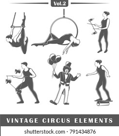 Set of elements of the circus isolated on white background. Symbols for circus design logos and emblems. Vector illustration