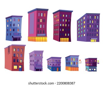 Set of elements for city with houses, shops, cafe, hotel at night .Vector illustration in flat style. Background for games and mobile applications.