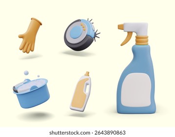 Set of elements for cleaning concepts in 3D positive style. Rubber glove, robot vacuum cleaner, plastic bottle for detergent, spray, bucket of soapy water