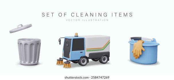 Set of elements for cleaning concepts, advertising services. Metal trash can with lid, plastic bucket with rubber gloves, vehicle with brushes. Vector templates in realistic style