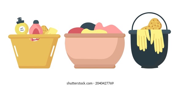 A set of elements for cleaning and washing in the house. Baskets for laundry and storage of small things, home comfort, restoring order in the house. A flat vector set.