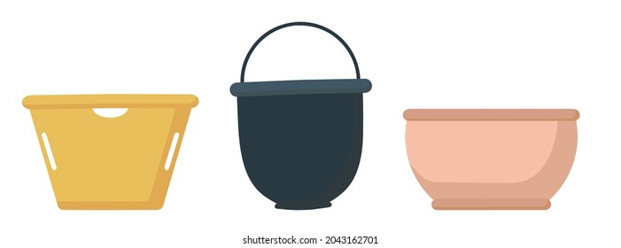 Eine Reihe von Elementen zum Reinigen und Waschen im Haus. Die Wäschetrockner und die Aufbewahrung der kleinen Sachen, der Wohnkomfort, die Wiederherstellung der Ordnung im Haus. Ein flacher Vektorset.