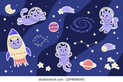 Conjunto de elementos pegatinas de clipart personaje astronauta de gato lindo en el espacio