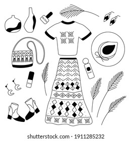 Set of elements of clothing, cosmetics, accessories. Scandinavian print and abstract shapes. Long skirt, hat and T-shirt, bag and stylish boots. Black and white vector isolated illustration doodle