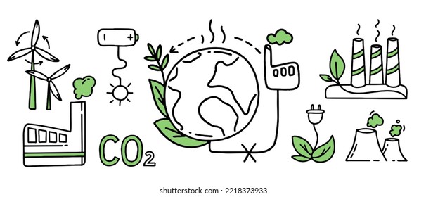 Set of elements Co2 climate change concept green energy Vector isolated doodle 