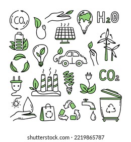 A set of elements. Co2 concept of climate change. Recycling. Separation of garbage. Vector doodle