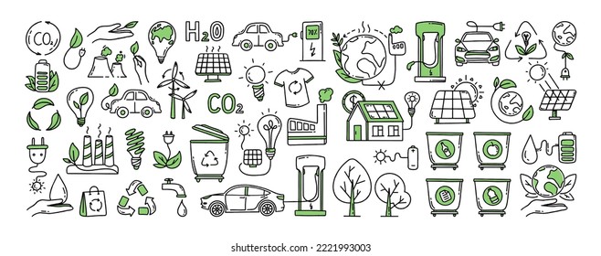 Eine Reihe von Elementen. CO2-Konzept des Klimawandels. Recycling. Mülltrennung Vektor-Einzeldoodle