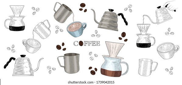 Set of elements for coffee brewing in graphic style hand-drawn vector illustration. Cup of coffee, pour over, jug, coffee beans