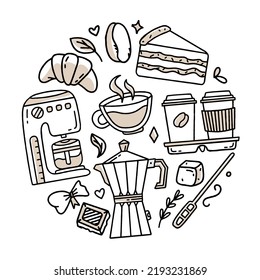 A set of elements for a coffee shop To use for posters banners postcards and packaging design Vector illustration in the style of hand drawn
