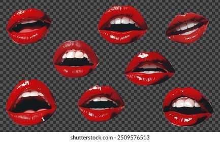 Un conjunto de Elementos para un collage de la boca de una mujer. Plantillas de collage retro con labios rojos. labios en acabado semitono. Recortes de revistas retro. Ilustración vectorial moderna.