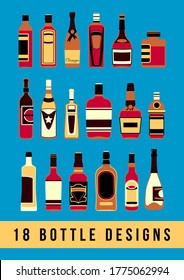 Set of elements and color silhouettes of alcohol bottles for using in invitation cards, ornaments, wedding invitations, etc.