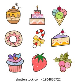 Set of elements colorful sweets and desert in cute easy hand draw style