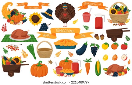 Un conjunto de elementos y composiciones con símbolos de Acción de Gracias. Turquía, cesta con verduras y frutas, cornucopia, cinta festiva. Ilustración vectorial de dibujos animados aislada en un fondo blanco.