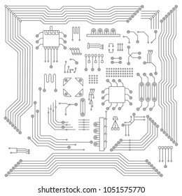 Set of elements of computer chip for creating a fashionable technological abstract poster. Flat vector cartoon illustration. Objects isolated on white background.