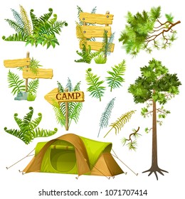 Set elements for computer games. Tourist tent, pine trees and branches, fern, wooden panels with space for text. Isolated vector illustration.