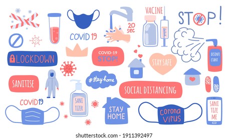 The set of elements of the concept of coronavirus, protection, hygiene and medicine. Vector hand-drawn illustration, stickers, inscriptions and symbols of the pandemic.