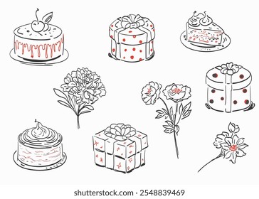 Set of elements for congratulations. Cakes, boxes, flowers. Vector. Circuit