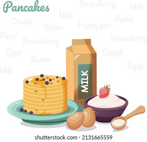 Un conjunto de elementos para cocinar tortitas, masa, sartén, leche, harina, huevos, bayas.