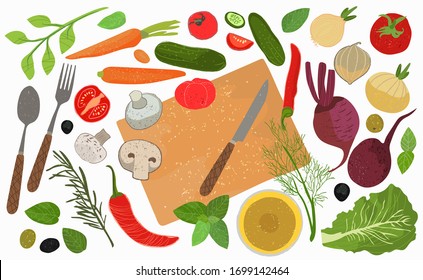 Un conjunto de elementos para cocinar. Verduras enteras y en trozos, Cuchara de cubiertos, cuchillo y tenedor, aceite de girasol, hierbas. Ilustración del vector 