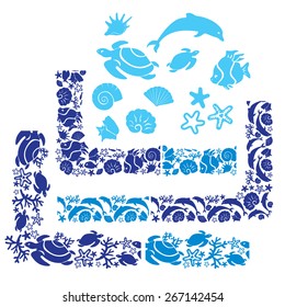 Set of elements, corners and borders with Underwater life - ornamental backgrounds. 