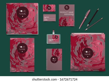 Establecer elementos de identidad corporativa materiales POS, diseño floral abstracto color borgoña, logotipo redondo