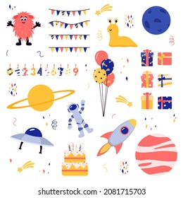 A set of elements for a cosmic birthday. Theme party. 