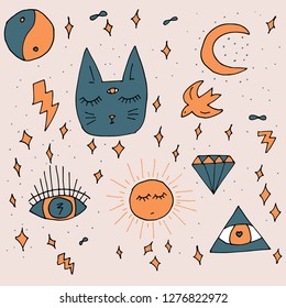 Set of elements cosmic esoteric cat, doodle style, hand-drawn, vector - Vector