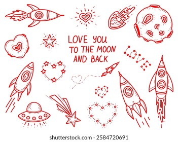 Set of elements of cosmic love to the moon and back. Hand drawn doodle. Valentine day. Heart constellation. Flying rocket. Romantic journey. Meteorite planet comet star. Vector line art illustration.