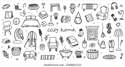 A set of elements is a cozy house. Interior items, dishes. Bed, armchair, furniture, plants. Vector black and white elements drawn by hand. Logo, doodle, sketch, clipart, template, design