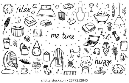 El conjunto de elementos es una casa acogedora. Elementos interiores, platos. Cama, sillón, mobiliario, plantas. Elementos vectores en blanco y negro dibujados a mano. Logo, doodle, icono, boceto, clipart, plantilla, diseño