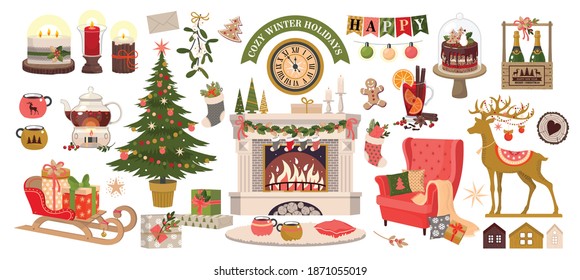 A set of elements for COZY WINTER HOLIDAYS. Fireplace, Christmas tree, gifts, mulled wine, decorative deer, candles. Vector, white background, isolated.