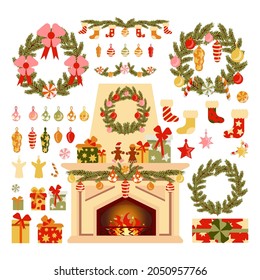 Set of elements for cozy winter holidays. design vector elements merry Christmas, happy new year for fireplace decoration in cartoon flat style isolated on a white background. new year icons