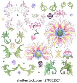 Set of elements to create designs in style of chinese porcelain. Lotus flowers and leaves are painted by watercolor.