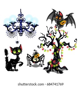 Set of elements to create poster on theme of Halloween holiday party. Cute bat, tree with garlands, black cat, spider, attributes of celebration of day of all evil spirits of Halloween. Cartoon vector
