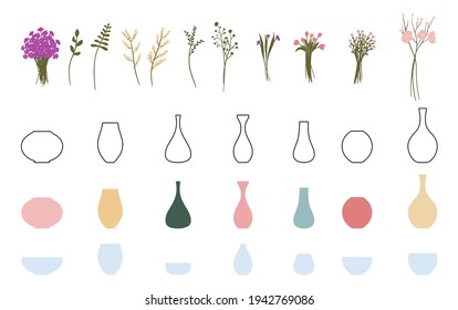 A set of elements for creating bouquets of flowers in a vase. Constructor. Create your own bouquet. Vector illustration. Isolated elements on a white background. Registration for florists.