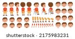 Set of elements for creating boy character animation. Little schoolboy with different emotions, gestures and poses. Arms, legs and other body parts construction. Cartoon flat vector collection