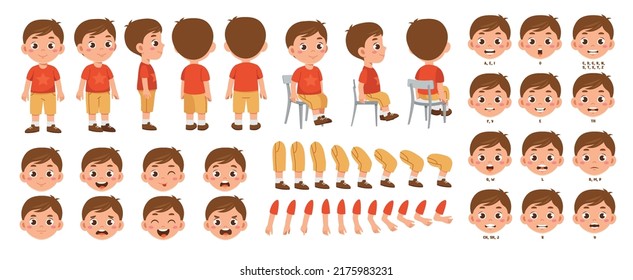 Set elements for creating boy character animation  Little schoolboy and different emotions  gestures   poses  Arms  legs   other body parts construction  Cartoon flat vector collection